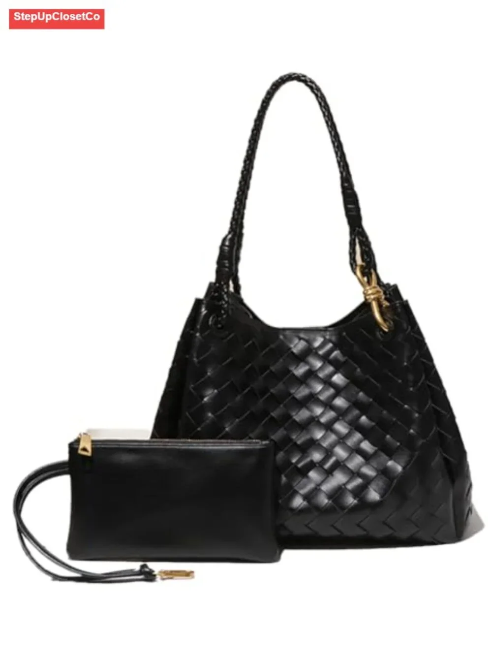2 Pcs Slouchy PU Leather Woven Bucket Hobo Bags Women Underarm Shoulder